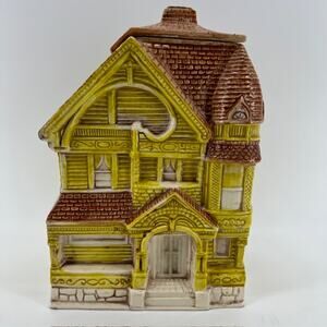 VTG Treasure Craft Victorian House Cookie Jar Yellow Tan USA Made Ceramic